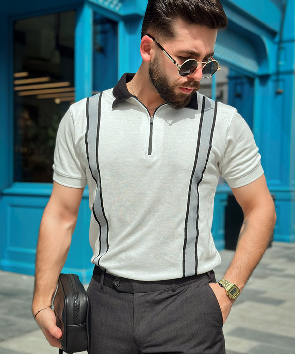 Timeless Fusion Men White Zipper Polo with Grey Striped Twill Tape
